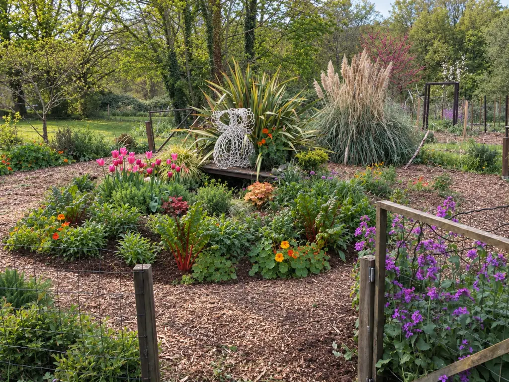 Jardin comestible ornemental associant blettes colorées, capucines et fleurs dans un massif paysager