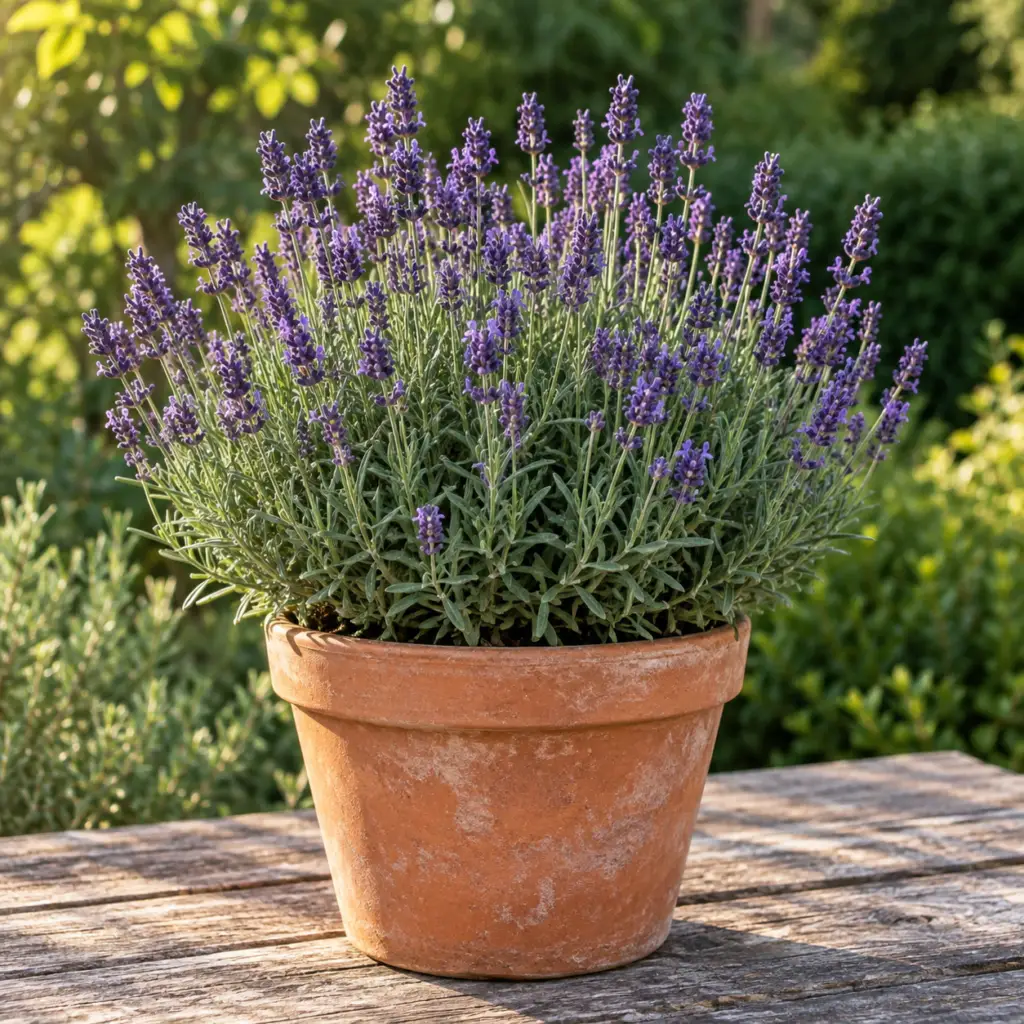 Lavande vraie bio en fleurs dans un pot en terre cuite, sélection de vivaces comestibles