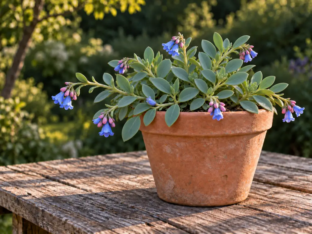 Mertensia maritima fleurie dans un pot en terre cuite posé sur une table en bois, au jardin