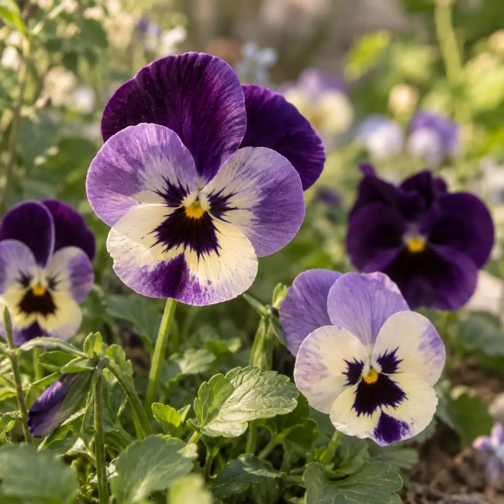 Pensées comestibles bio violettes et crème photographiées en gros plan dans un jardin