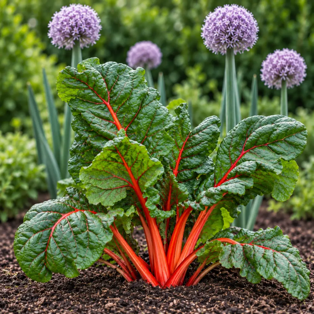 Blette rouge orangé et poireaux en fleurs dans un potager d’ornement bio