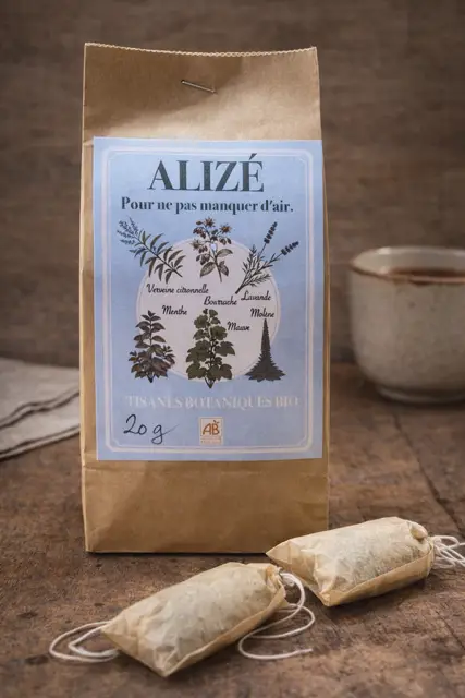 Sachet kraft de tisane botanique bio Alizé, avec étiquette bleue et sachets d’infusion sur une table en bois.