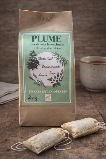 Sachet kraft de tisane botanique bio Plume, avec étiquette vert sauge illustrée de plantes et sachets d’infusion sur une table en bois.