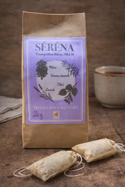 Sachet kraft de tisane botanique bio Serena, avec étiquette violette illustrée de plantes et sachets d’infusion sur une table en bois.